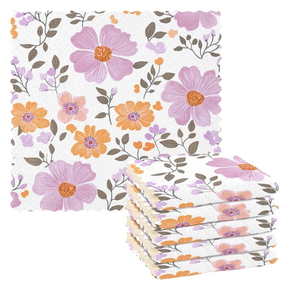 Lilac Orange Florals Leaves Dish Cloths Dish Towels Cleaning Cloths Quick Drying Reusable 11" x 11" Set of 6