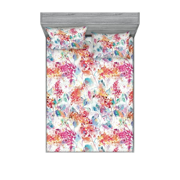 Lilac Pattern Fitted Sheet & Pillow Sham Set, Grunge Watercolor Design Jumble Colors Garden Scene Flowers Art, Decorative Printed 3 Piece Bedding Decor, Full, Dark Coral White Seafoam, by Ambesonne