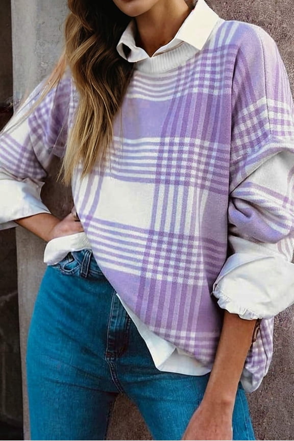 Lilac Plaid Print Ribbed Trim Loose Sweater