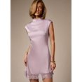 thumbnail image 1 of Lilac Purple Cap Sleeve Mock Neck Mini Dress With Lace Trim Hem Bodycon Party Wedding Guest Dress, 1 of 5