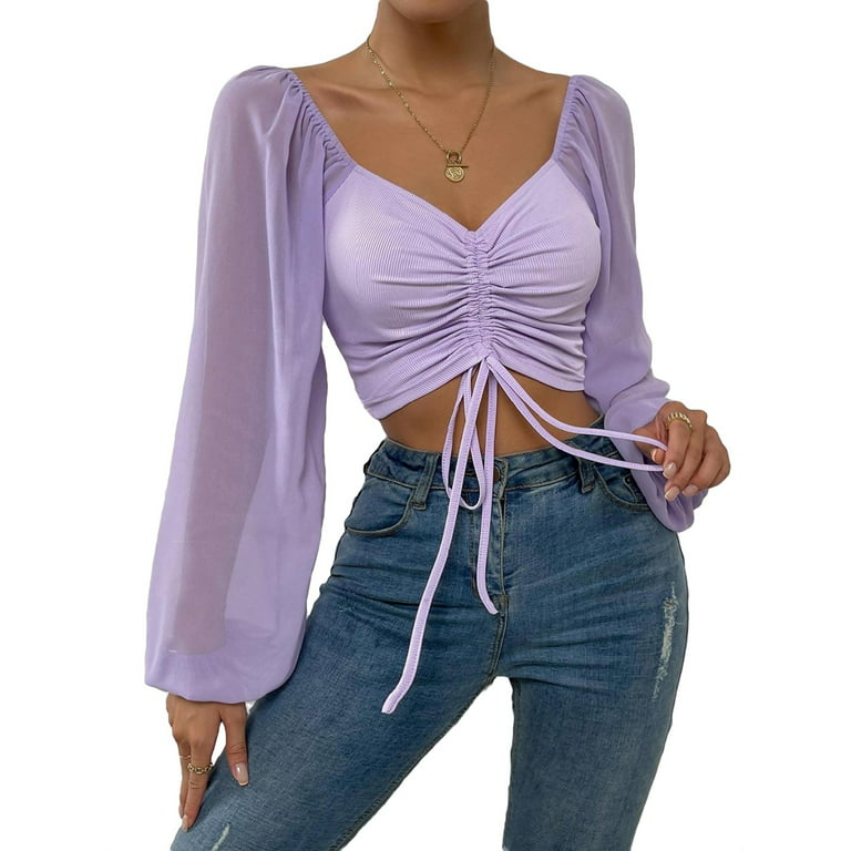 Lilac Purple Casual Plain Sweetheart Long Sleeve Women's Tops