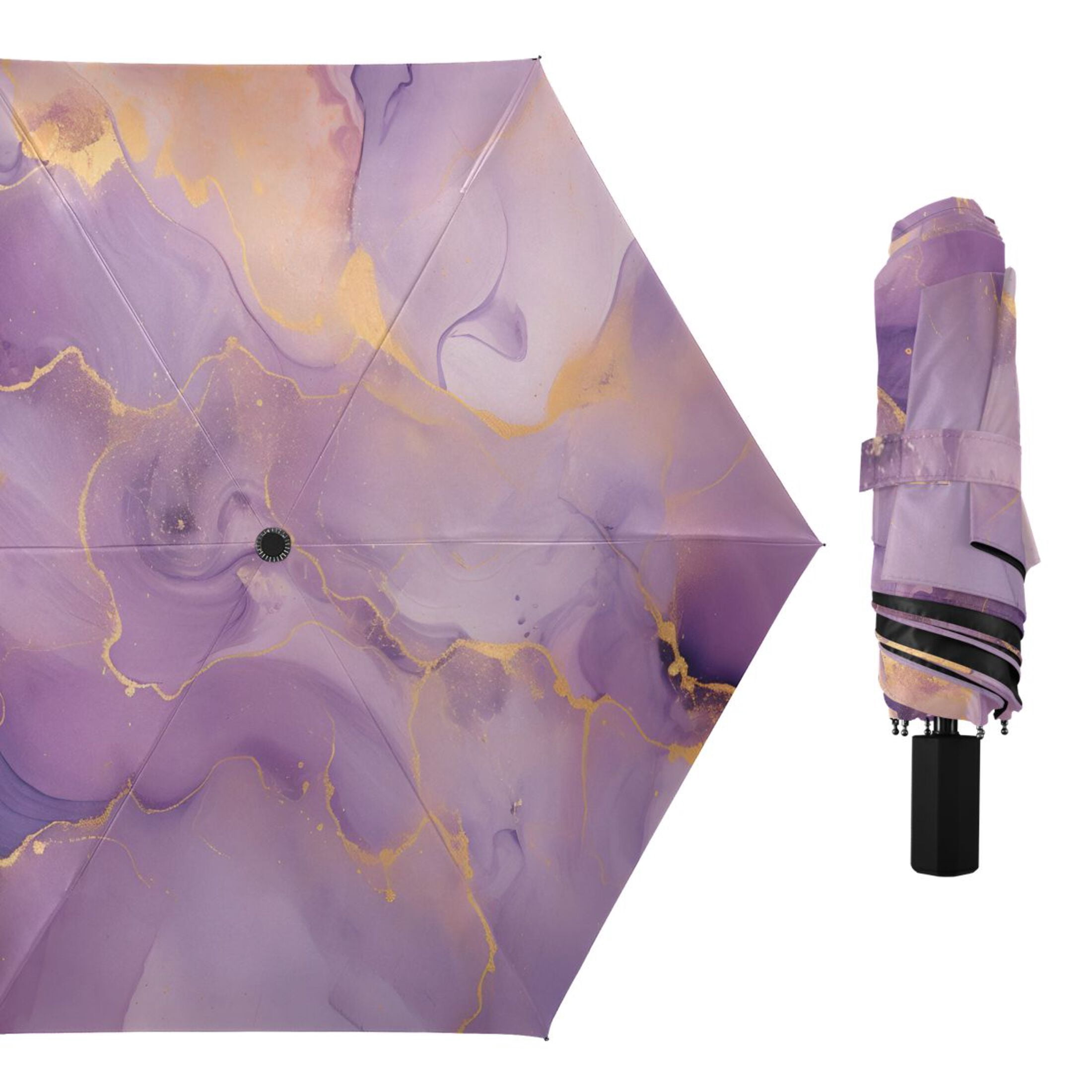 Lilac Purple Gold Marble Compact Sun Umbrella Windproof Travel Umbrellas for Rain Strong Portable UV Protection