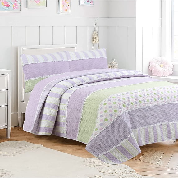 Lilac Purple Green Stripe Polka Dot Checker White Ruffle Patchwork Cotton Twin Reversible Quilt Bedding Set