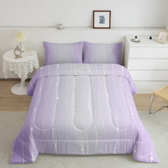 Lilac Purple and Grey Watercolor Comforter Set Twin Wave Lines and Dots Bedding Set, Gradient Ombre Bedding Comforter Sets Aesthetic Abstract Duvet, Modern Geometry Stripe Quilted Comforter Soft