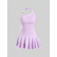 thumbnail image 1 of Lilac Purple Halter One-Shoulder Ruched Waist Tiered Mini Dress For Women Spring Summer, 1 of 5