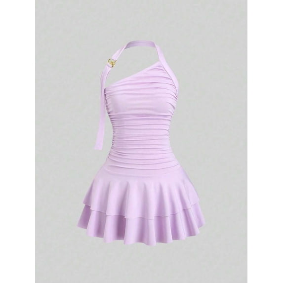 Lilac Purple Halter One-Shoulder Ruched Waist Tiered Mini Dress For Women Spring Summer