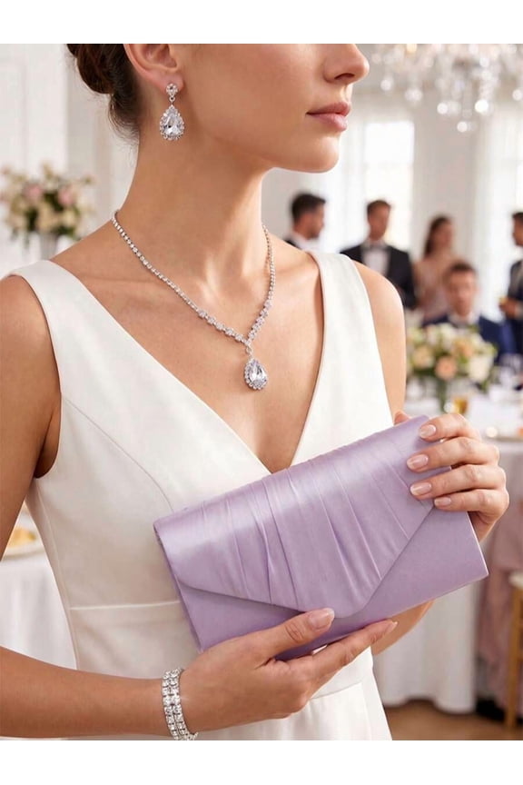 Lilac Purple Satin Pleated Flap Clutch Evening Handbag, One Piece
