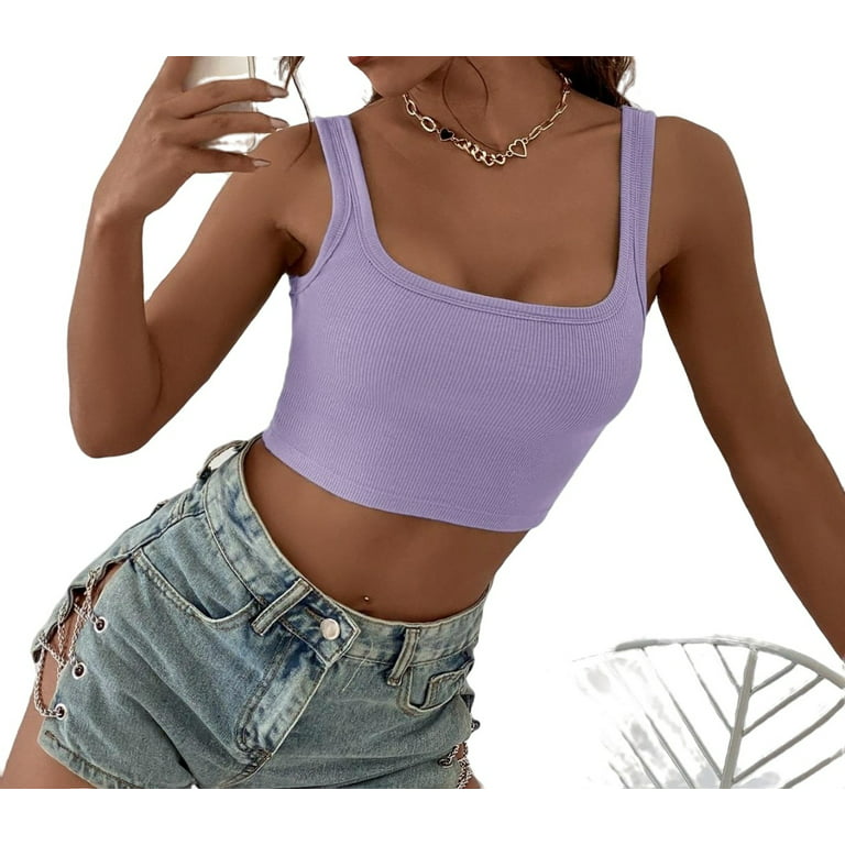 Lilac Purple Sexy Plain Rib-Knit Tank Scoop Neck Women's Tank Tops Camis