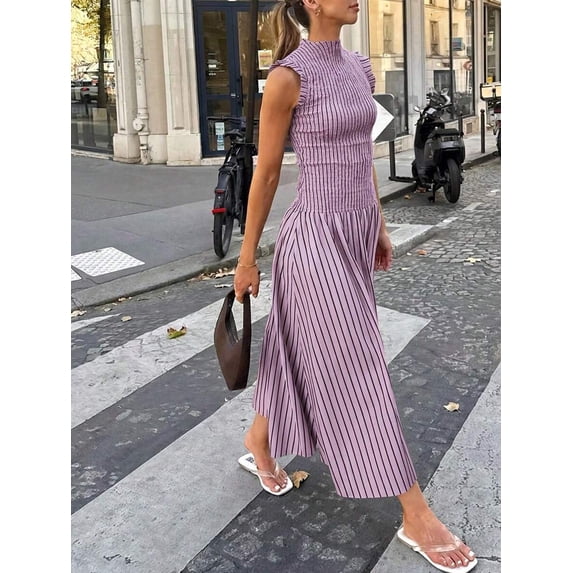Lilac Purple Smocked Ruffle Sleeve Vertical Striped Maxi Dress For Women