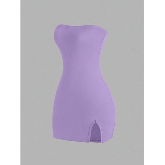 Lilac Purple Solid Bandeau Slit Mini Dress For Women Casual Bodycon Outfit