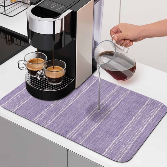 Lilac Purple Striped Dish Drying Mats for Kitchen Counter, Coastal Grandma Farmhouse Rustic Linen Texture Absorbent Coffee Bar Mat with Non-slip Rubber Backed Quick Drying Dish Rack Pad 12"x16"