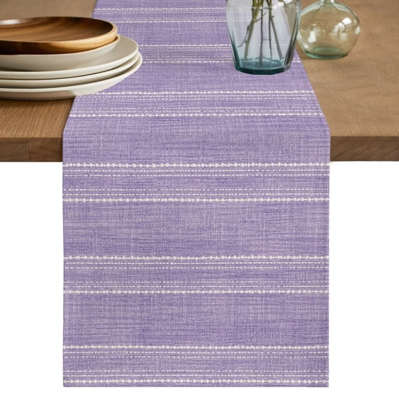 Lilac Purple Striped Table Runner, Coastal Grandma Farmhouse Rustic Linen Texture Cotton Linen Table Cloth, Tablerunner for Kitchen Dining Party Wedding Home Decor 14x72 Inch