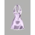 thumbnail image 1 of Lilac Purple Womens Halter Neck Lace Trim Satin Mini Dress A-Line Fit, 1 of 5