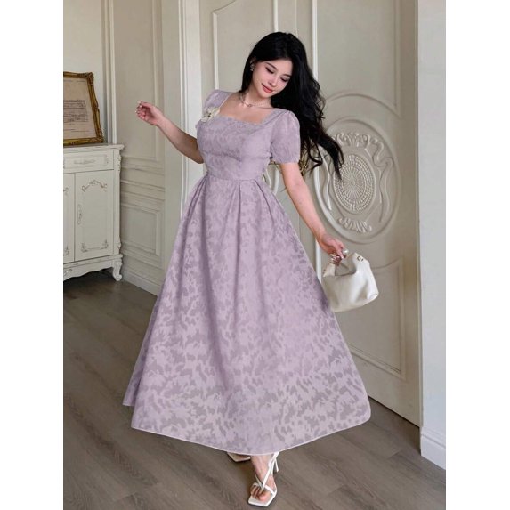 Lilac Purple Womens Square Neck Puff Sleeve Fit & Flare Midi Dress With 3D Floral Embellishment