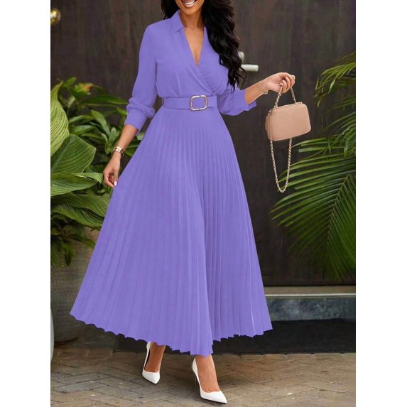 Lilac Purple Wrap Maxi Dress With Pleated Skirt, Belted Waist, V-Neck, Long Sleeve
