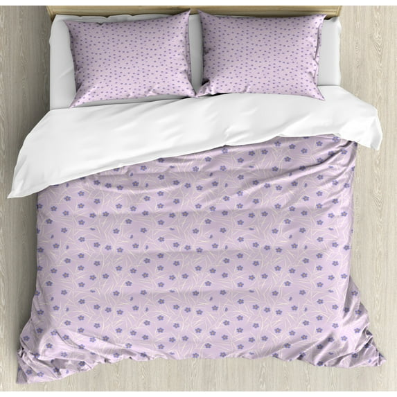 Lilac Queen Size Duvet Cover Set, Burgeoning Spring Meadow Theme with Flowery Twigs Prosper Budding Season Flourish, Decorative 3 Piece Bedding Set with 2 Pillow Shams, Multicolor, by Ambesonne