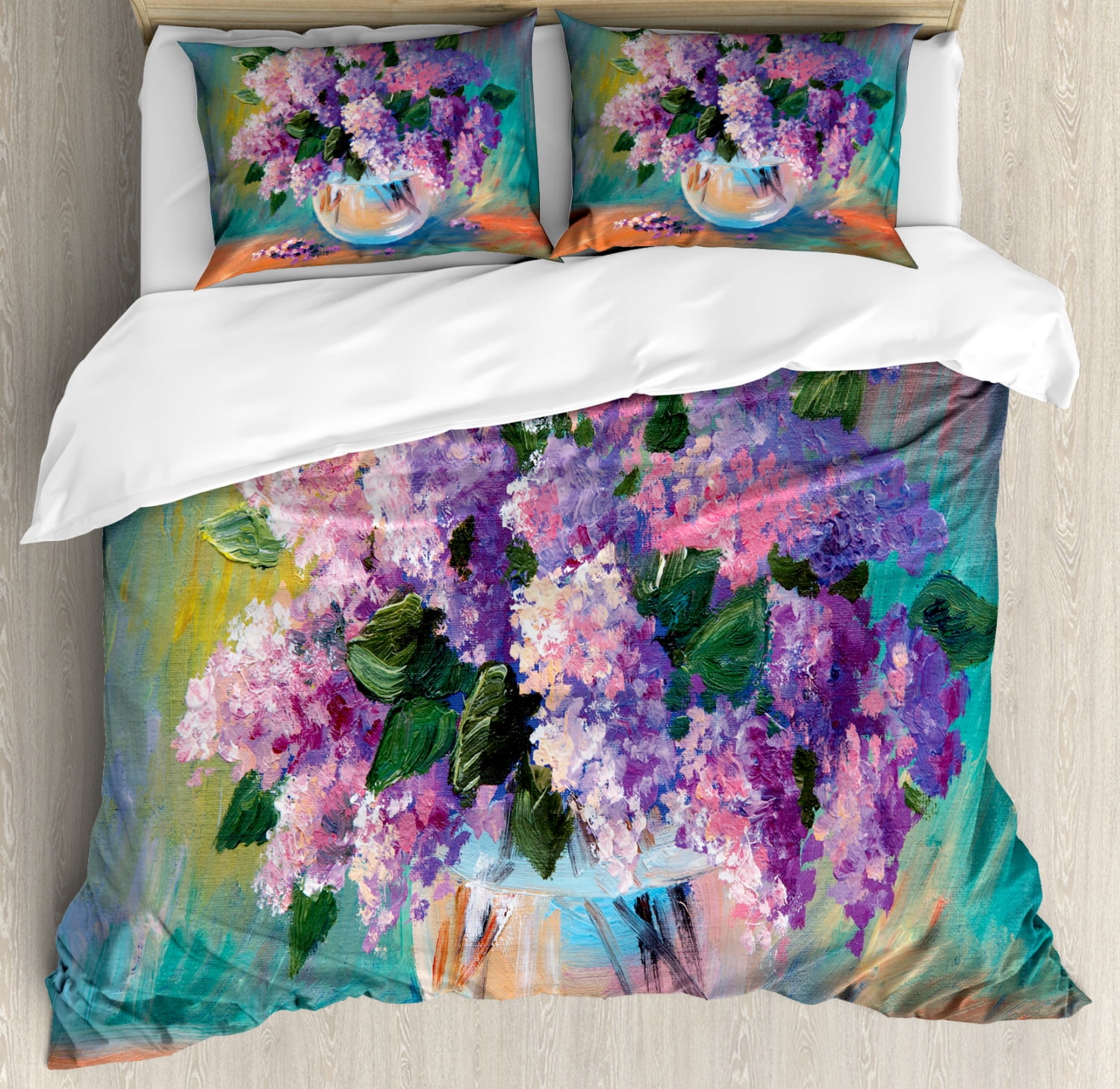 Lilac Queen Size Duvet Cover Set, Oil Painting Style Freshly Picked Seasonal Flowers in a Vase on Artistic Background, Decorative 3 Piece Bedding Set with 2 Pillow Shams, Multicolor, by Ambesonne