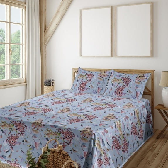 Ambesonne Lilac Fitted & Flat Sheet with Sham 3 Pcs Set, Springtime Flowers Boho Art, Twin, Lavender Blue Pale Maroon
