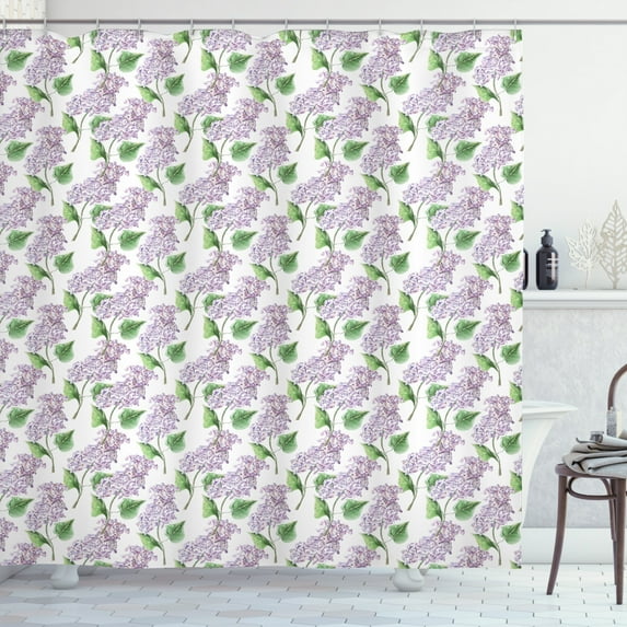 Lilac Shower Curtain, Watercolor Hand Drawn Style Aromatic Herbal Growth Countryside Cottage Theme Art, Fabric Bathroom Set with Hooks, 69W X 70L Inches, Lilac and Green, by Ambesonne