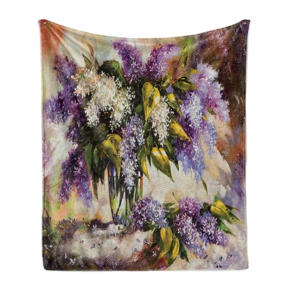 Lilac Soft Flannel Fleece Blanket, Digital Print of Impressionist Oil Painting with Newly Picked Lilac Bouquet in a Vase, Cozy Plush for Indoor and Outdoor Use, 60" x 80", Multicolor, by Ambesonne