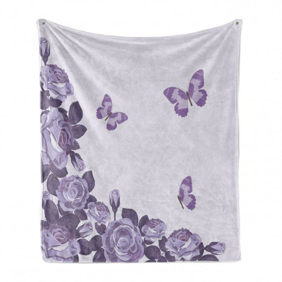 Lilac Soft Flannel Fleece Throw Blanket, Bridal Composition with Rose Buds Blossoms Flying Butterflies Summer Wedding, Cozy Plush for Indoor and Outdoor Use, 50" x 70", Lilac and Violet, by Ambesonne