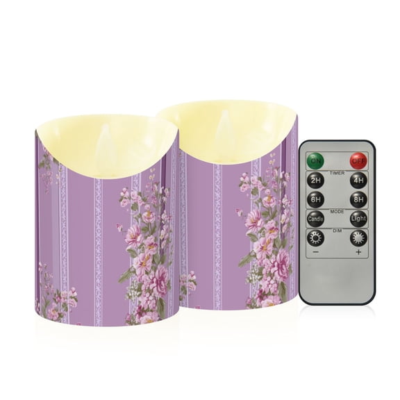 Lilac Stripes with Blossom Flowers Flickering Flameless Candles with Remote Timer Battery Operated LED Tealight Set of 2 S