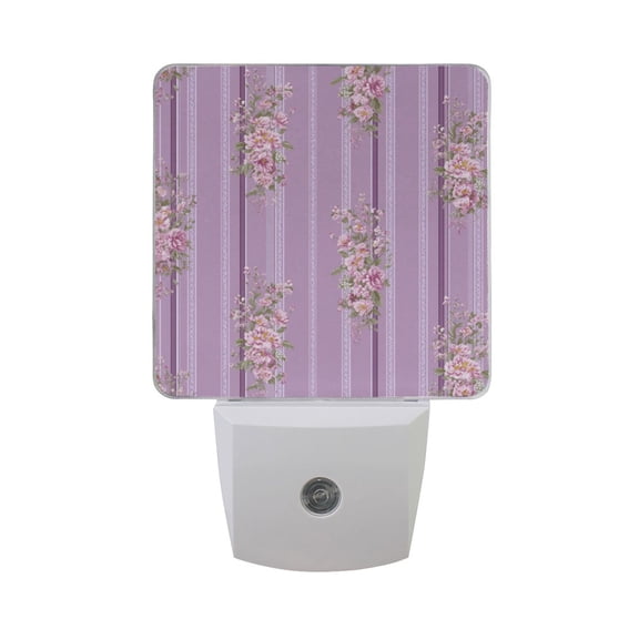 Lilac Stripes with Blossom Flowers LED Night Light Sensor Lamp Plug-in Adjustable Brightness 2 Pack