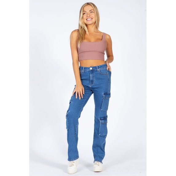 Lilac Sunset Women’s High-Rise Straight Leg Cargo Jeans, Classic Fit, Medium Blue, Juniors Sizes 1–15