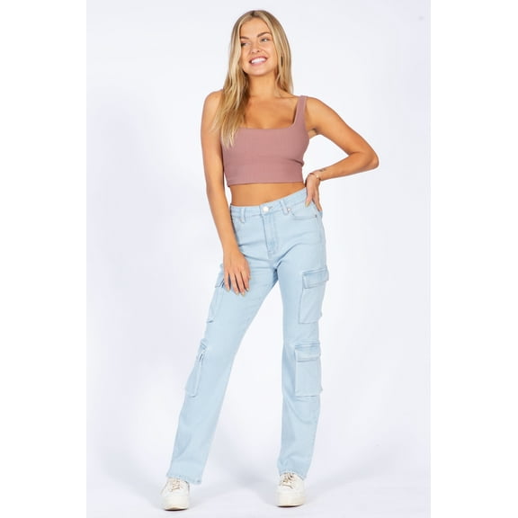 Lilac Sunset Women’s High-Rise Straight Leg Cargo Jeans, Classic Fit, Light Blue, Juniors Sizes 1–15