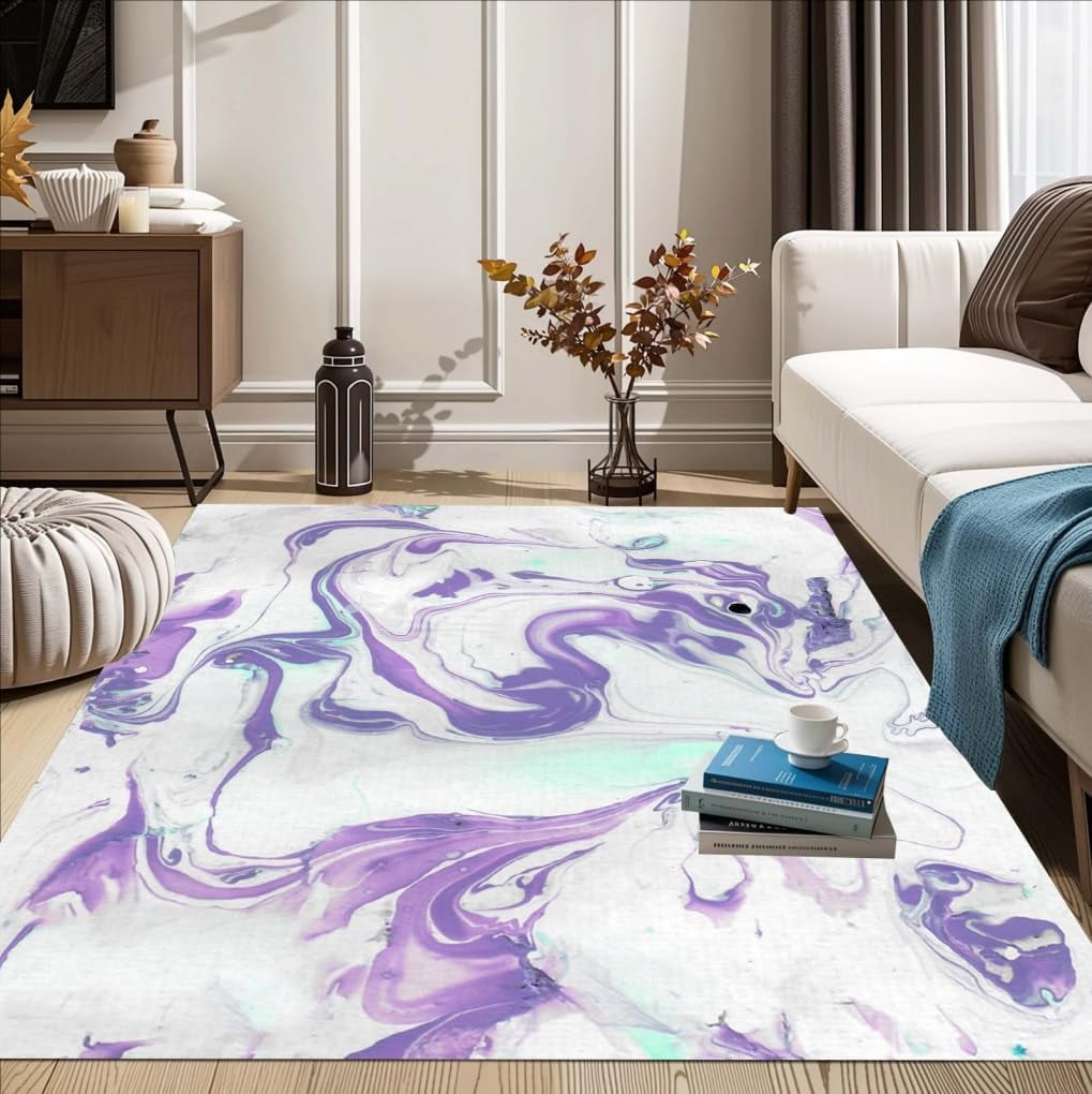 Lilac White Marble Swirl Modern Abstract Soft Area Rug Machine Washable ...