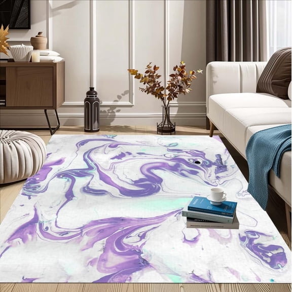 Lilac White Marble Swirl Modern Abstract Soft Area Rug Machine Washable Lux Rug For Living Room Bedroom Diningroom Art Deco Home Office Guestroom Dorm Indoor Floor Carpet Mat 3x5ft