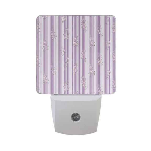 Lilac White Stripes Small Chic Flowers LED Night Light Sensor Lamp Plug-in Adjustable Brightness 2 Pack