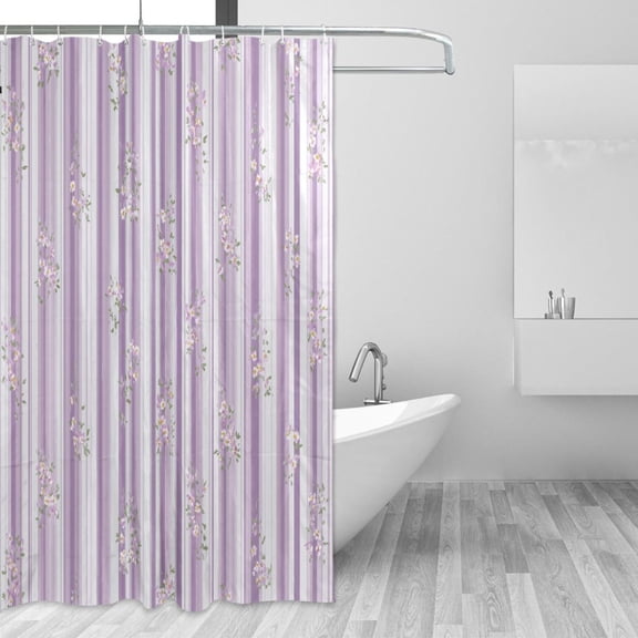 Lilac White Stripes Small Chic Flowers Shower Curtains with 12 Hooks Waterproof Bathroom Decor 66" x 72"