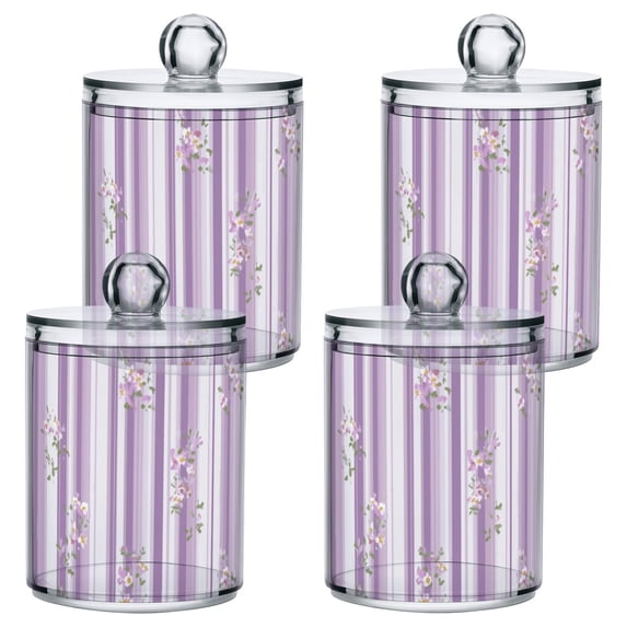 Lilac White Stripes Small Chic Flowers Translucent Plastic Cans Storage Canisters with Lid Set of 4