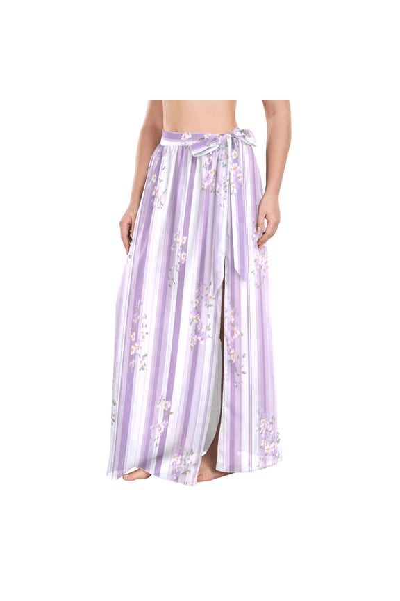 Lilac White Stripes Small Chic Flowers Women's Swimwear Cover Ups Strappy Beach Dress Sarong Wrap M