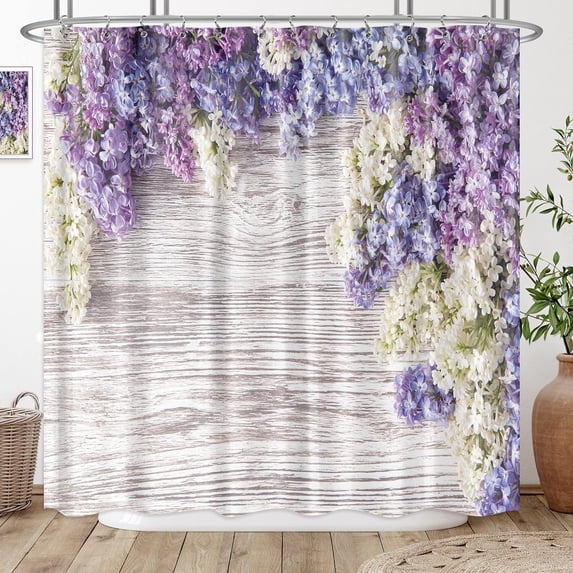 Lilac Wisteri Flower Shower Curtain Rustic Wooden Floor Purple Floral Lavender Plank Plant Romantic for Woman Decor Fabric Bathroom 72x72 Inch 12 Pack Plastic Shower Hooks Included RY-JWXH