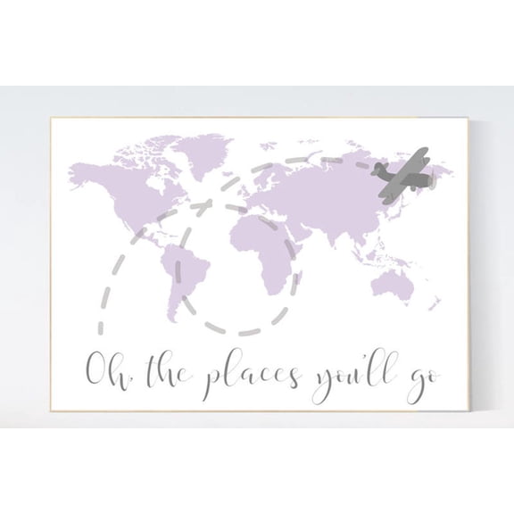 Lilac World Map Nursery Travel Decor Wall Art