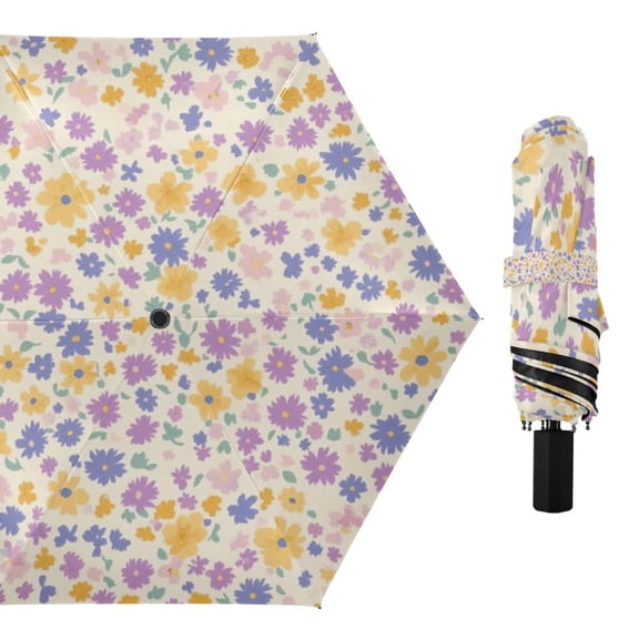 Lilac Yellow Pastel Flower Compact Sun Umbrella Windproof Travel Umbrellas for Rain Strong Portable UV Protection