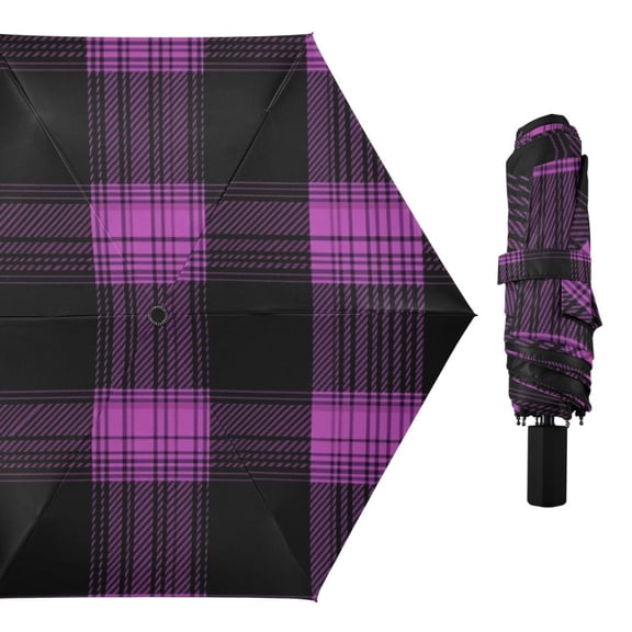 Lilac and Black Tartan Plaids All Weather Umbrella Triple Folding Parasol 6 Ribs UV Protection Portable