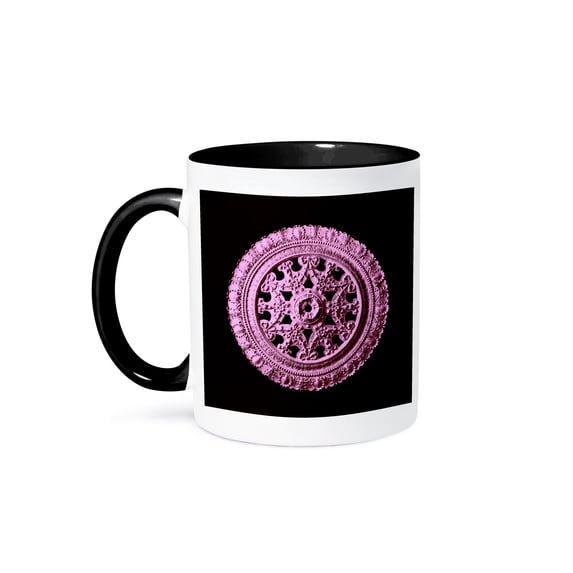 3dRose, Lilac pink ornate vintage architectural element on black background, 15oz Two-Tone Black Mug