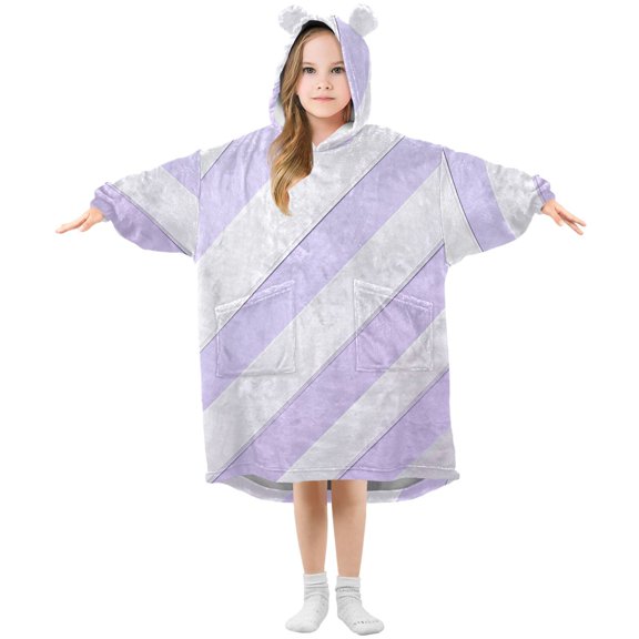 Lilac-white Diagonal Stripes Flannel Wearable Blankets Hooded Design Long Sleeves Wrap Unisex for 3T-14Y S