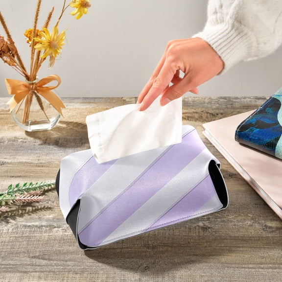 Lilac-white Diagonal Stripes Leather Tissue Box Cover Rectangle Tissue Holder Foldable