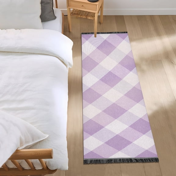 Lilac-white Plaid Pattern Bedside Runner Rug 2'x 6' Non Slip Carpet Floor Mat Area Rug