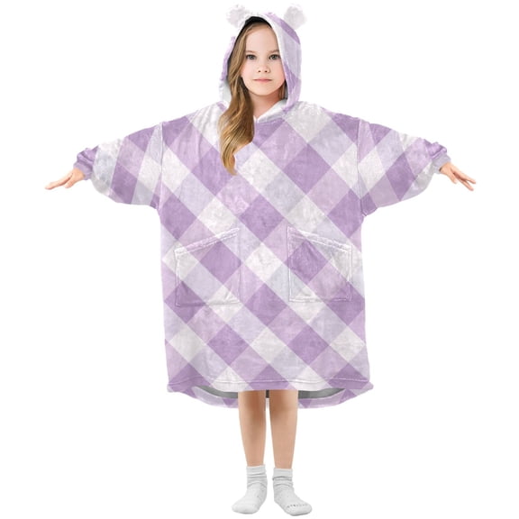 Lilac-white Plaid Pattern Flannel Wearable Blankets Hooded Design Long Sleeves Wrap Unisex for 3T-14Y S