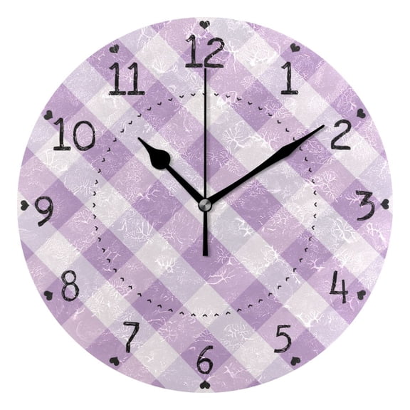 Lilac-white Plaid Pattern Round Wall Clock Silent Analog Battery Operated Black Pointer Home Decor 9.84" Diameter