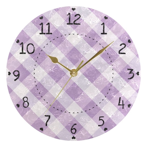 Lilac-white Plaid Pattern Round Wall Clock Silent Analog Battery Operated Gold Pointer Home Decor 9.84" Diameter