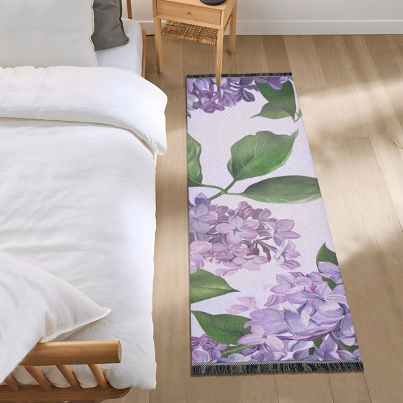 Lilac with Green Leaves Bedside Runner Rug 2'x 6' Non Slip Carpet Floor Mat Area Rug