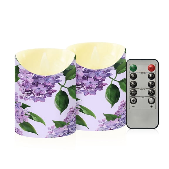 Lilac with Green Leaves Flickering Flameless Candles with Remote Timer Battery Operated LED Tealight Set of 2 M