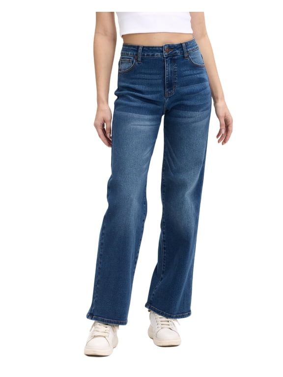 Women's High-Rise Slim Wide Leg Jeans, Dark Blue, Juniors 0-21