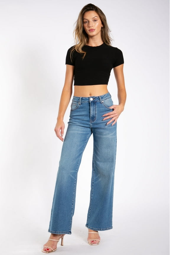 Women’s High-Rise Wide Leg Jeans, Relaxed Fit, Medium Blue, Juniors Sizes 1–15